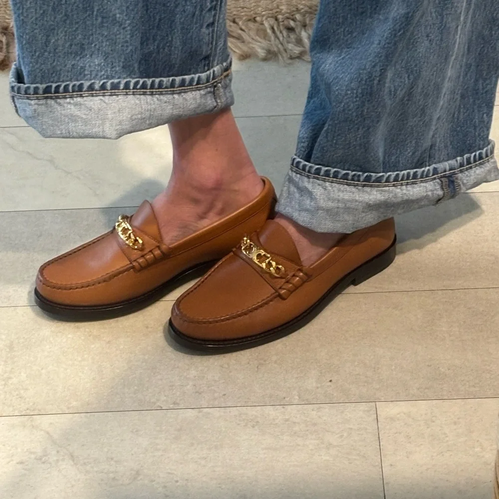 CELINE - Leather Loafers with Gold Chain. AVAIL